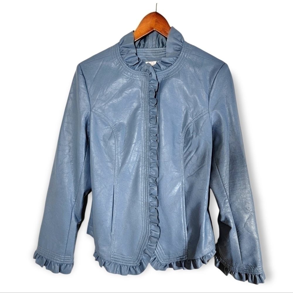Hot in Hollywood Vegan Blue Faux Leather Jacket Ruffles Size Small